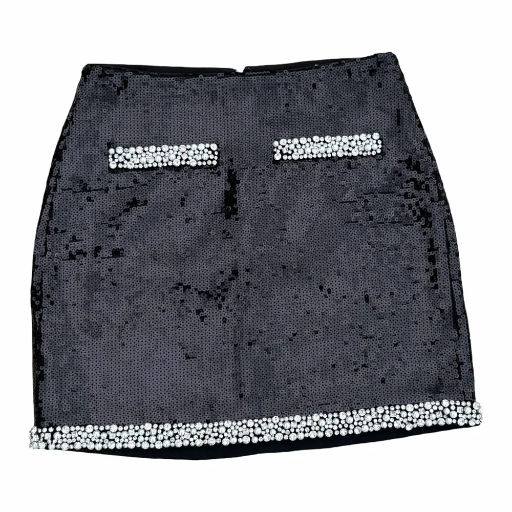 Veronica Beard Black Sequin Mini Skirt with Rhinestone Trim